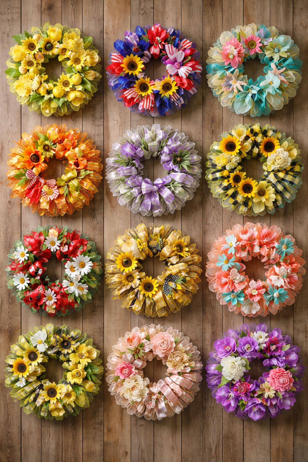 Twelve decorative mesh wreaths hanging on a wooden wall, each with different colors and embellishments.