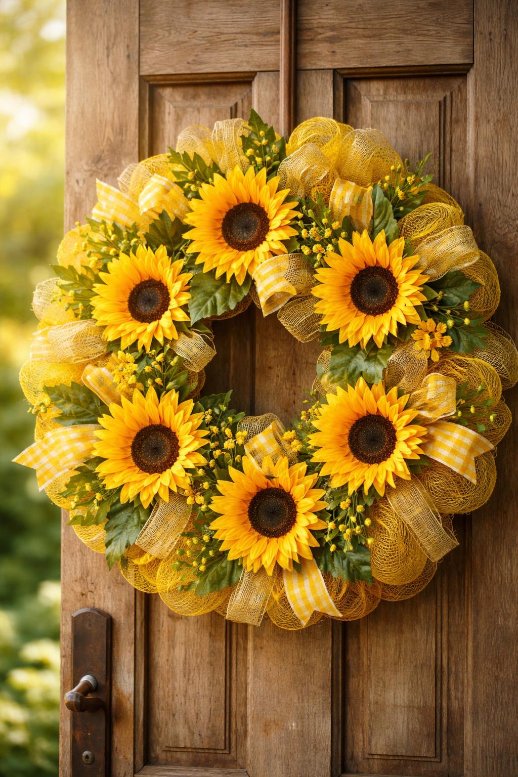 A sunflower wreath hanging on a wooden door with green leaves and yellow decorative ribbons.