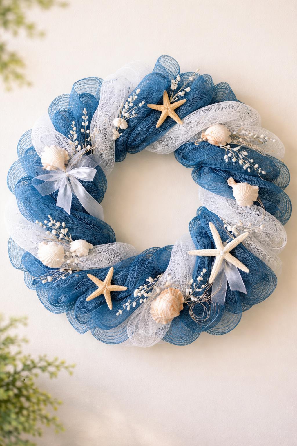 A circular blue and white mesh wreath decorated with seashells and starfish on a neutral background.