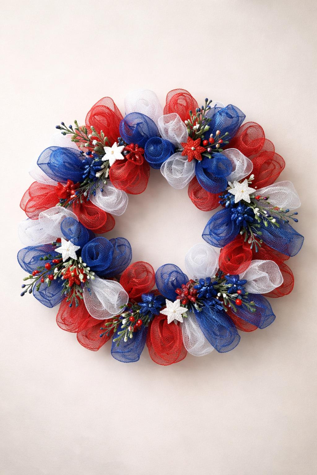 A red, white, and blue mesh wreath decorated with small stars and greenery hanging on a plain background.