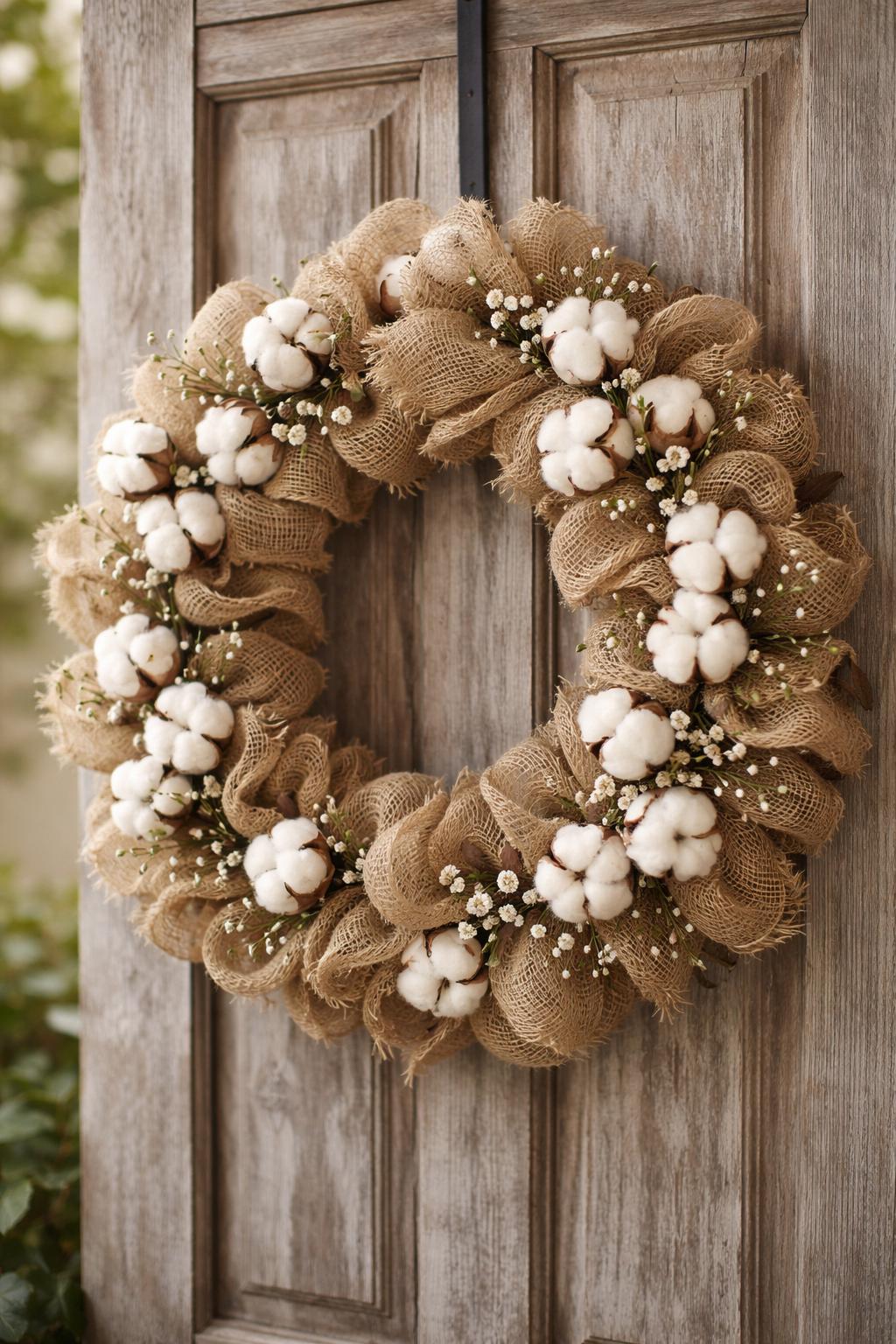 A circular wreath made of burlap mesh and white cotton stems hanging on a rustic wooden door.