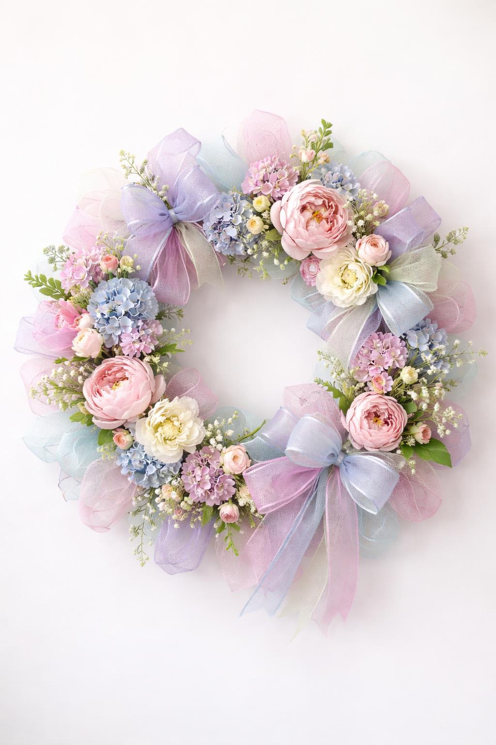 A pastel-colored spring floral mesh wreath made of flowers and ribbons on a plain background.