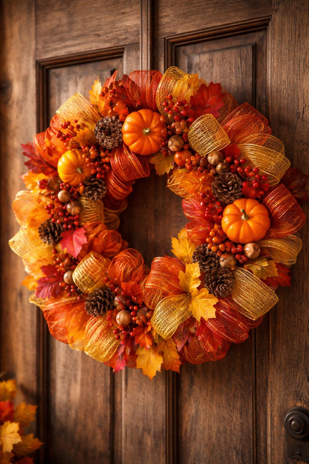 A fall harvest wreath made of colorful mesh ribbons and autumn decorations hanging on a wooden door.