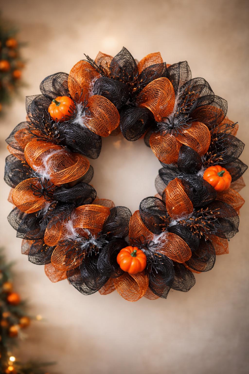 A Halloween wreath made of black and orange mesh ribbons decorated with small pumpkins and spider accents.