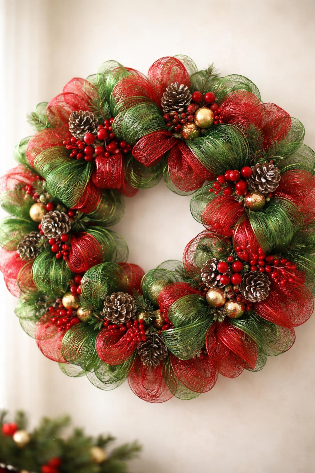 A Christmas wreath made of red and green mesh ribbons decorated with small berries and pinecones hanging on a neutral background.
