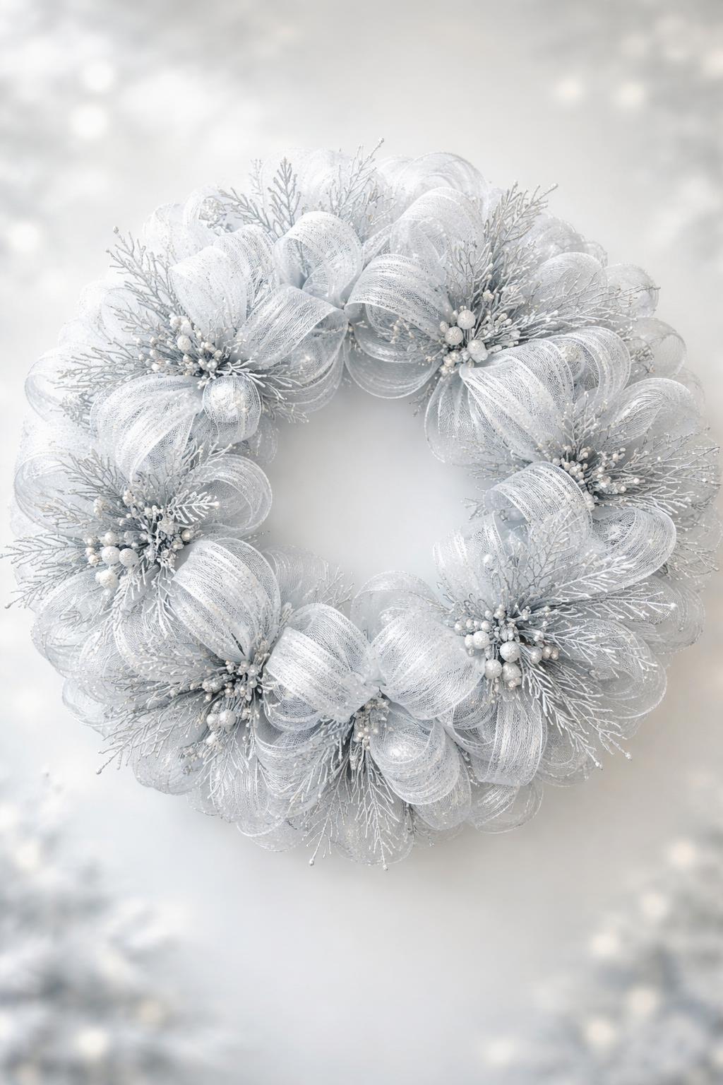 A white and silver frosted mesh wreath displayed against a soft, neutral background.