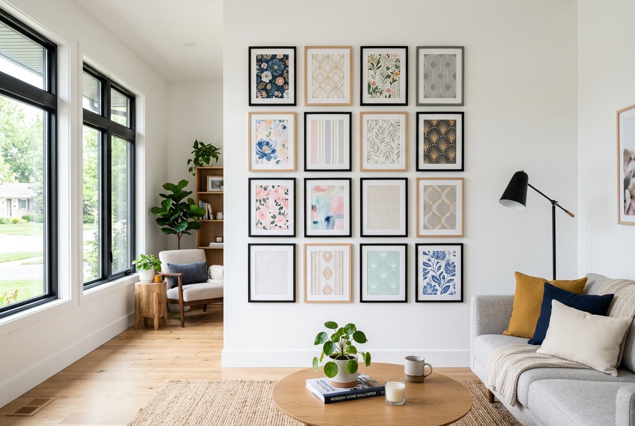 A living room with framed wallpaper samples in various patterns displayed on a white wall above a gray sofa and round wooden coffee table.
