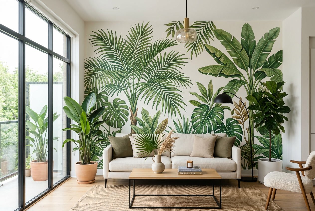 A modern living room with a floor-to-ceiling tropical palm leaf mural on the accent wall, paired with light furniture and warm natural light.