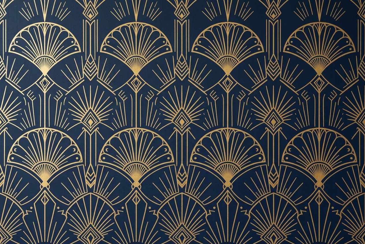 Close-up of a deep navy blue and warm gold geometric wallpaper pattern featuring symmetrical fan and diamond shapes.