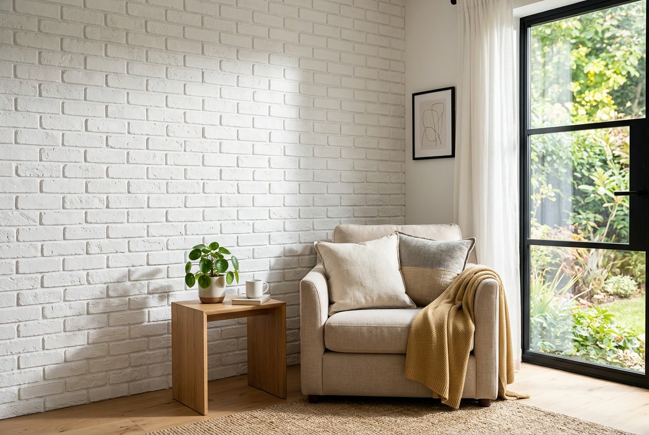 A bright room corner with a white faux brick peel-and-stick wall, a small wooden side table, a trailing green plant, and a cream armchair.