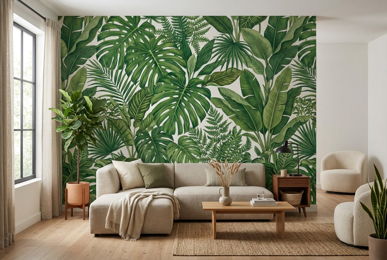 A modern dining area featuring oversized tropical green leaf wallpaper covering the back wall, paired with a light wood table and woven pendant light.