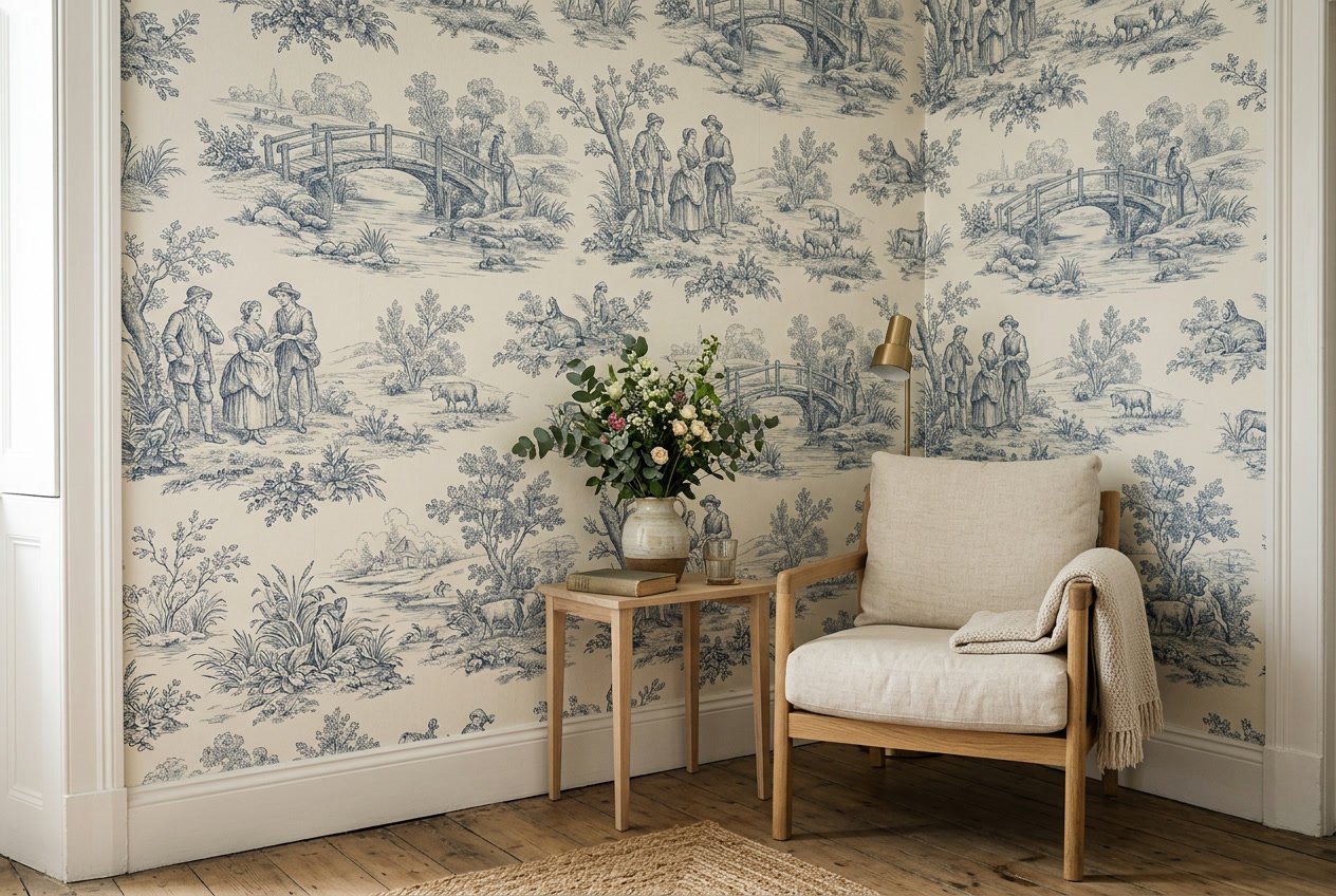 A cozy interior corner with muted dusty blue toile wallpaper featuring pastoral scenes, paired with light wood furniture and soft natural light.