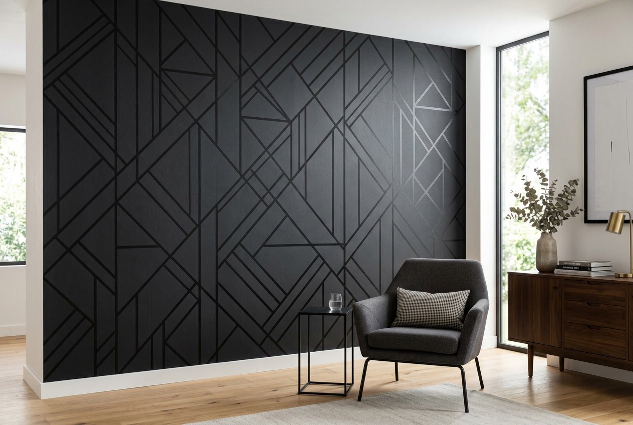 A modern interior accent wall covered in matte black wallpaper with a pattern of thin intersecting geometric lines on a white background.
