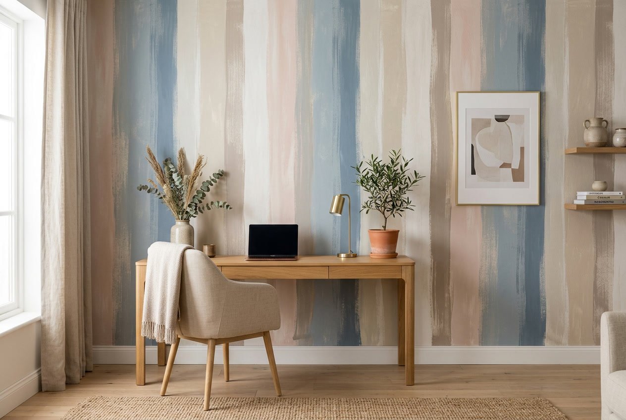 A serene bedroom with a wall covered in soft, slightly uneven hand-painted stripes in muted sage and cream tones, with simple minimalist furniture.