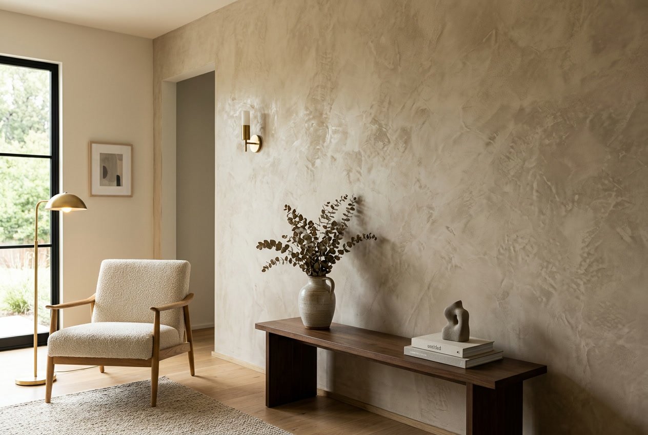 A close-up of a bedroom accent wall with a soft textured plaster-effect wallpaper in warm cream tones, lit by low warm-toned ambient lighting.