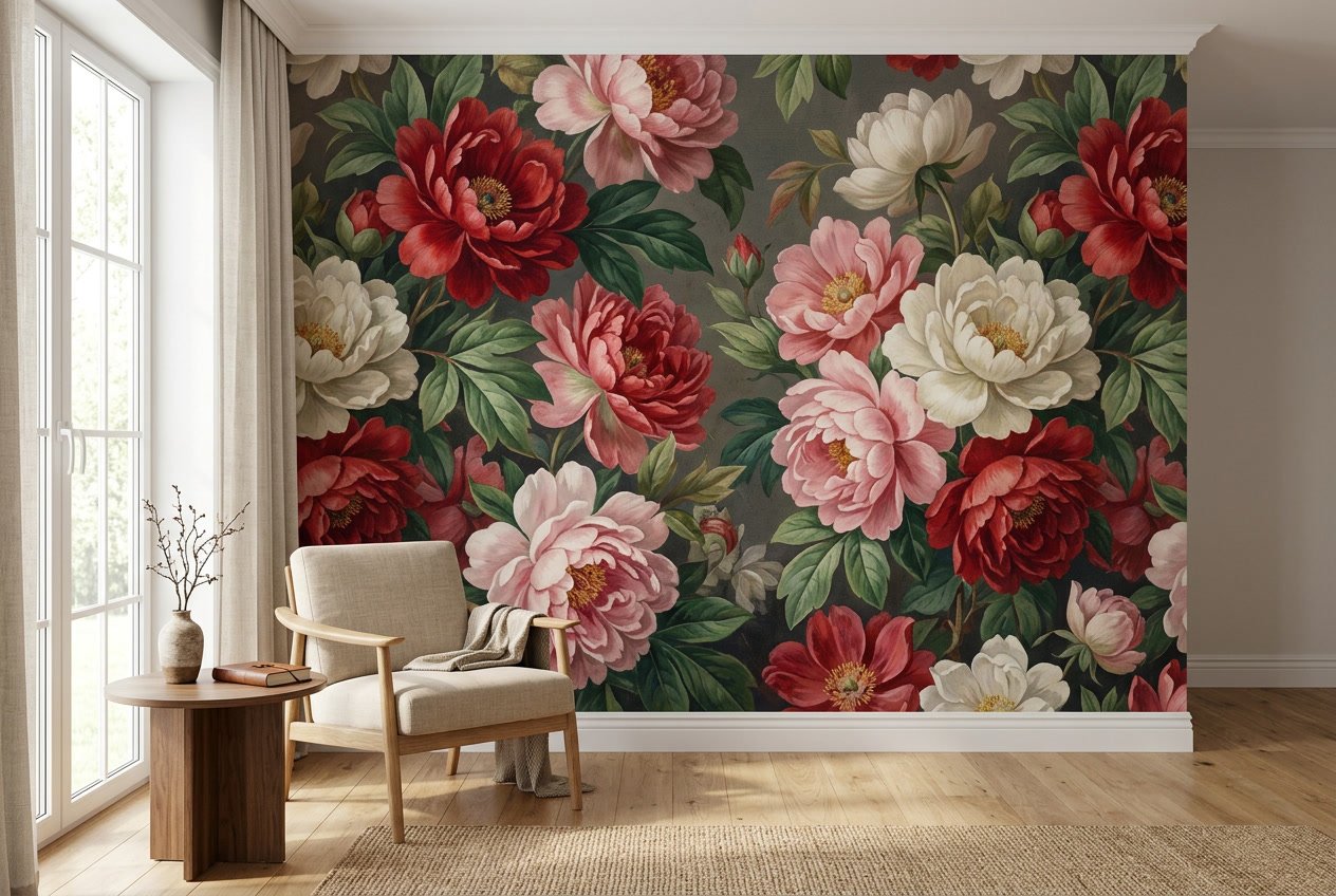 A bedroom accent wall covered in an oversized floral wallpaper panel with large blush pink blooms and soft green leaves on a warm cream background.