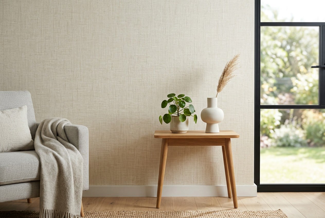 A living room accent wall covered in neutral warm beige linen-look wallpaper, with a small wooden side table holding a ceramic vase and trailing green plant in soft natural light.