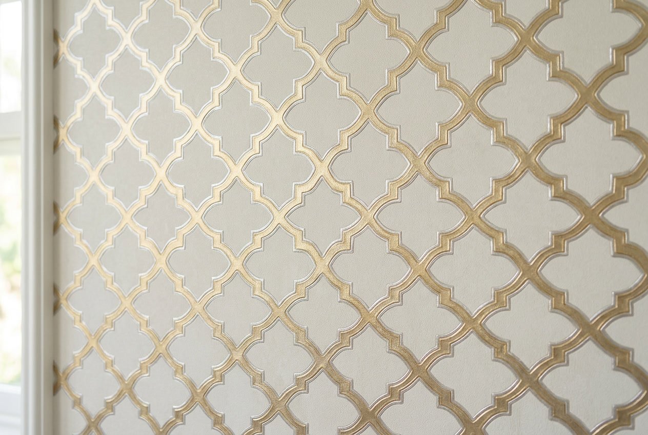 Close-up of a wall covered with brushed gold metallic Moroccan trellis patterned wallpaper featuring interlocking geometric shapes.