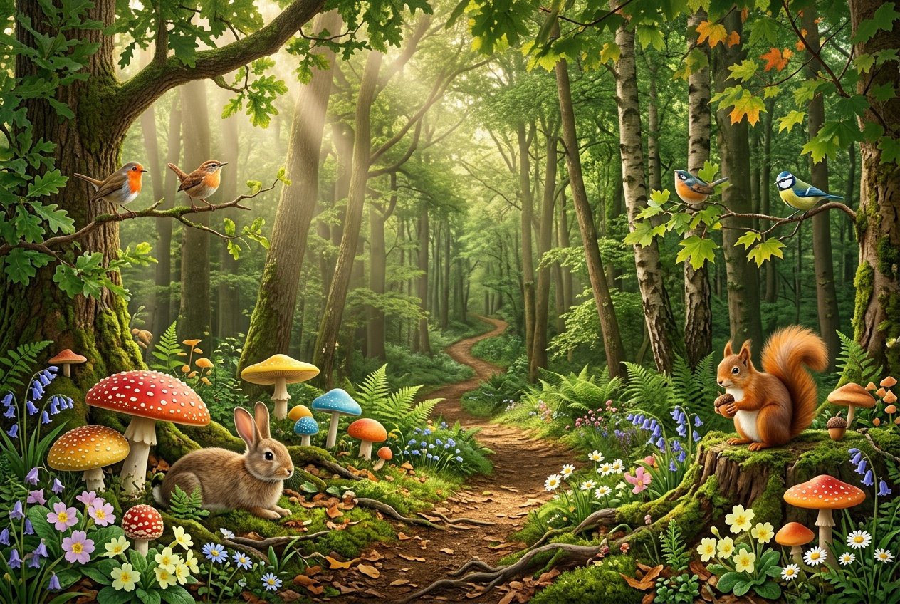 A children's room accent wall with a whimsical forest mural featuring tall trees, spotted mushrooms, wildflowers, and small woodland animals including rabbits and birds in soft muted tones.