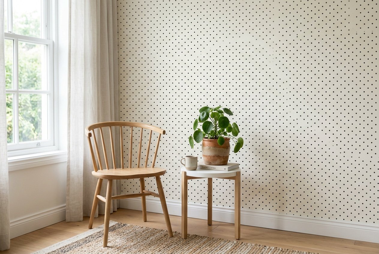 A bright minimalist room with a wall covered in small evenly spaced black dots on a warm white background, a simple wooden chair, and a small potted plant on a white side table.
