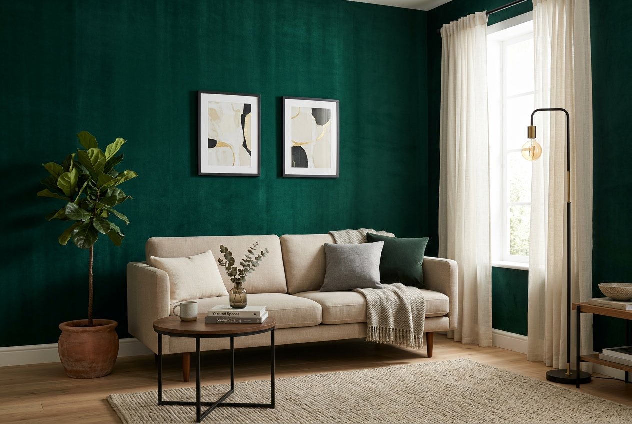 A modern living room with a deep emerald green suede-finish accent wall, a neutral linen sofa, and warm ambient lamp light casting a soft glow.