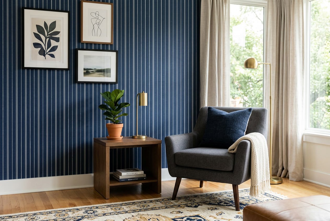 A sitting area with a navy blue pinstripe wallpapered accent wall, a linen armchair, a round wooden side table with a small potted plant, and soft light coming through a nearby window.