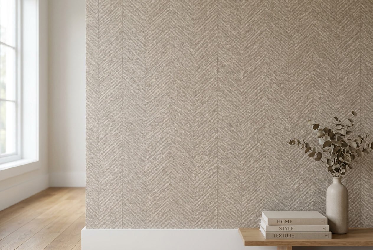 A close-up of a wall covered with subtle taupe herringbone patterned wallpaper with thin woven lines, in a bright, clean interior space.