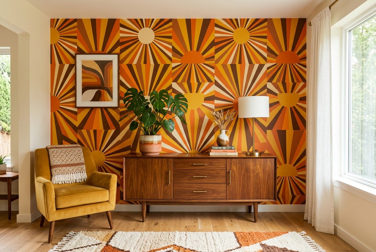 A living room with a wooden sideboard, a terracotta-potted plant, and a table lamp in front of a warm-toned sunburst patterned wallpaper in mustard, rust, and brown.