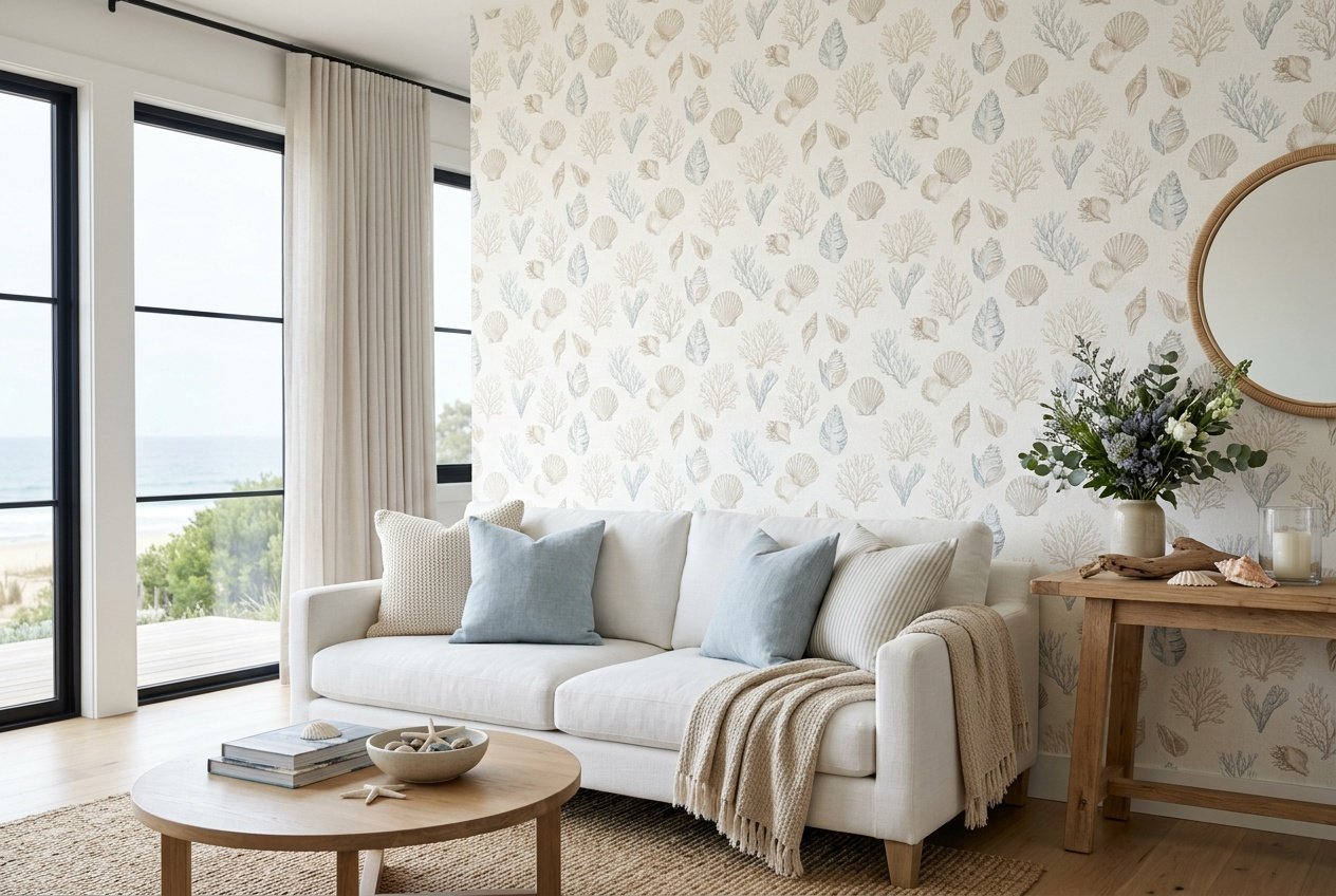 A bright bathroom with a white freestanding tub in front of a wall covered in small seashell patterned wallpaper in sandy beige and soft seafoam tones, with coastal accessories on a nearby shelf.