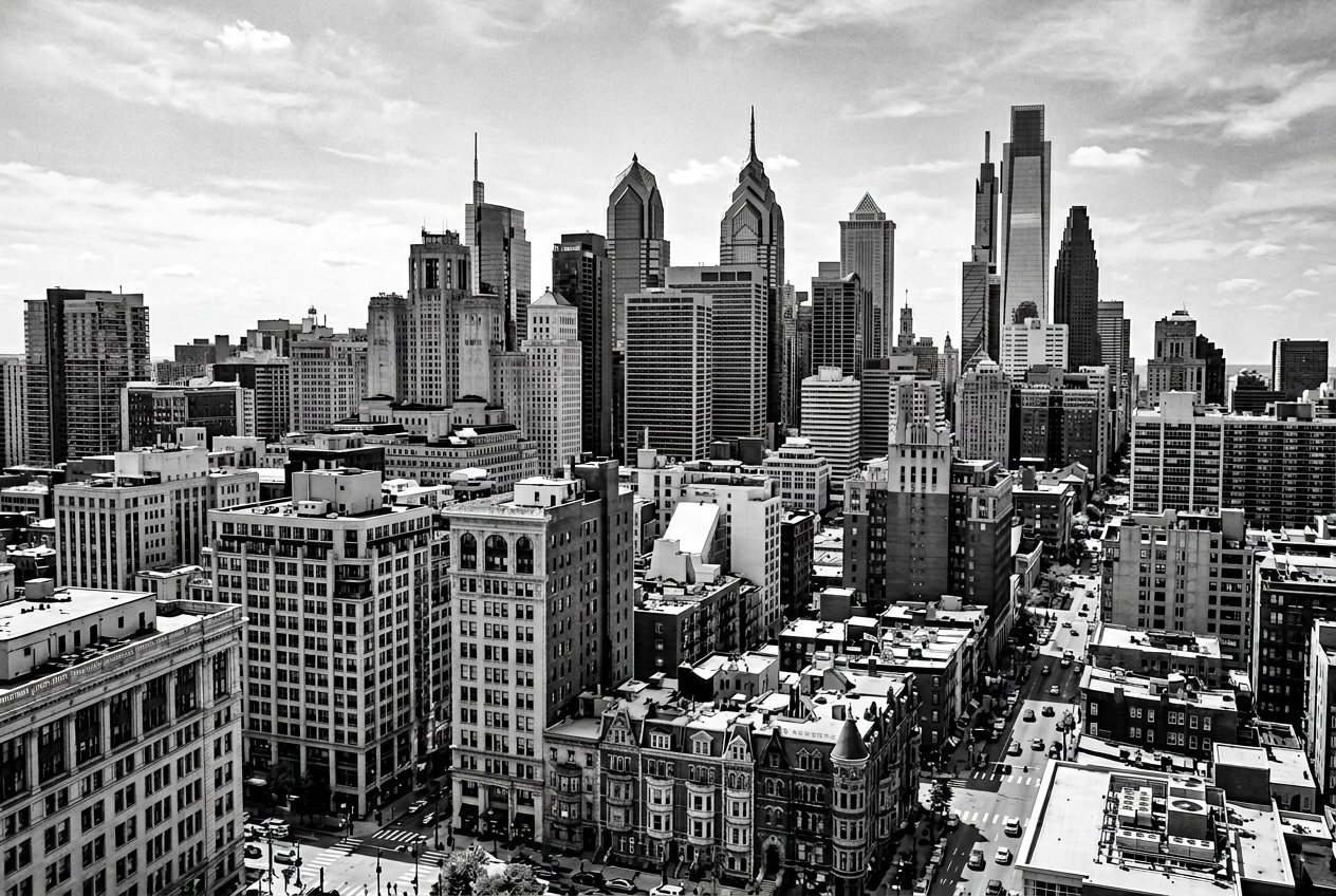 A detailed hand-drawn style monochrome cityscape wallpaper in soft gray and white, featuring layered rooftops, varied building heights, and architectural line detail under a clear sky.
