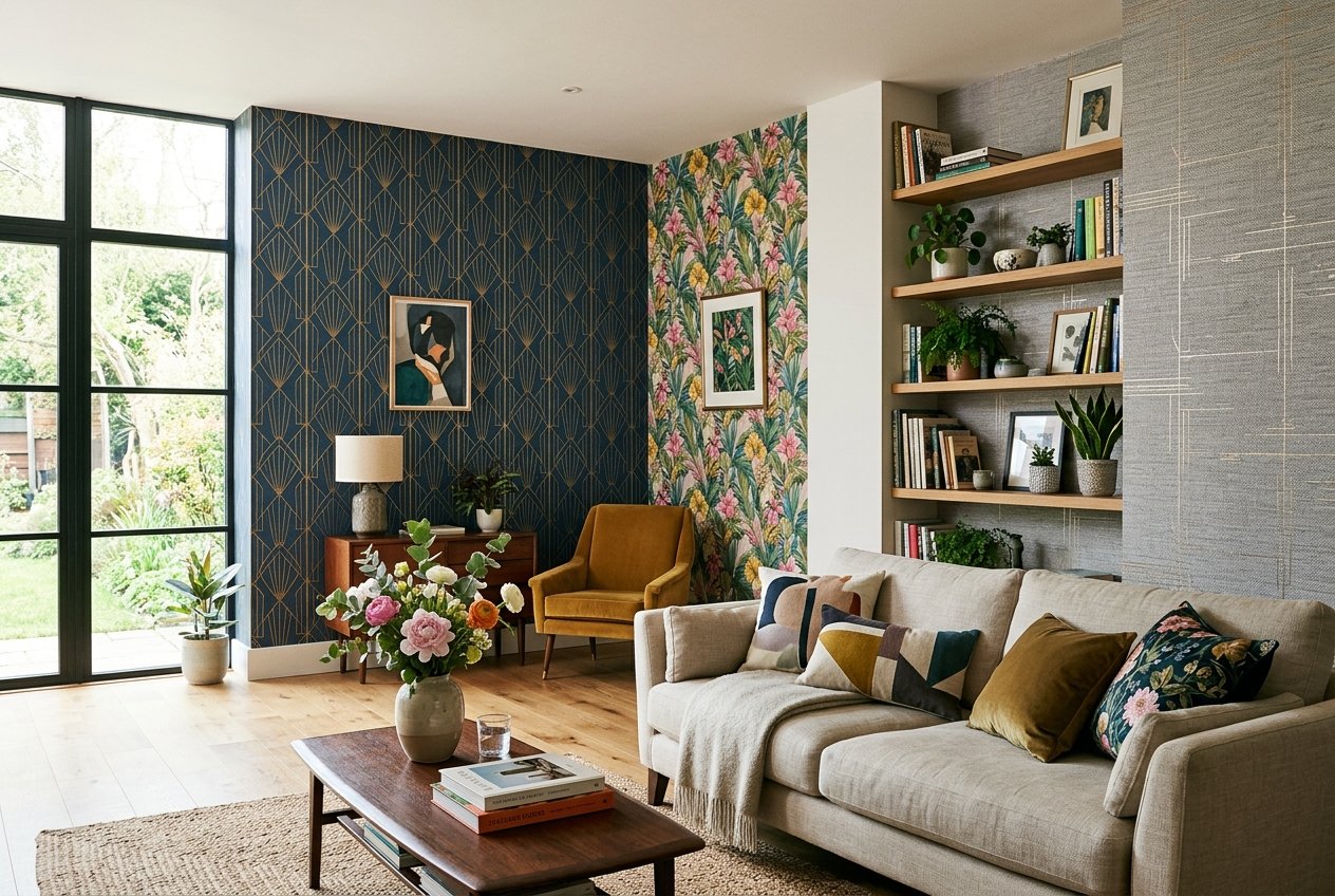 A modern living room with various wallpaper samples and installed patterns visible on different walls, including botanical and geometric options, with a sofa, coffee table, and indoor plants.