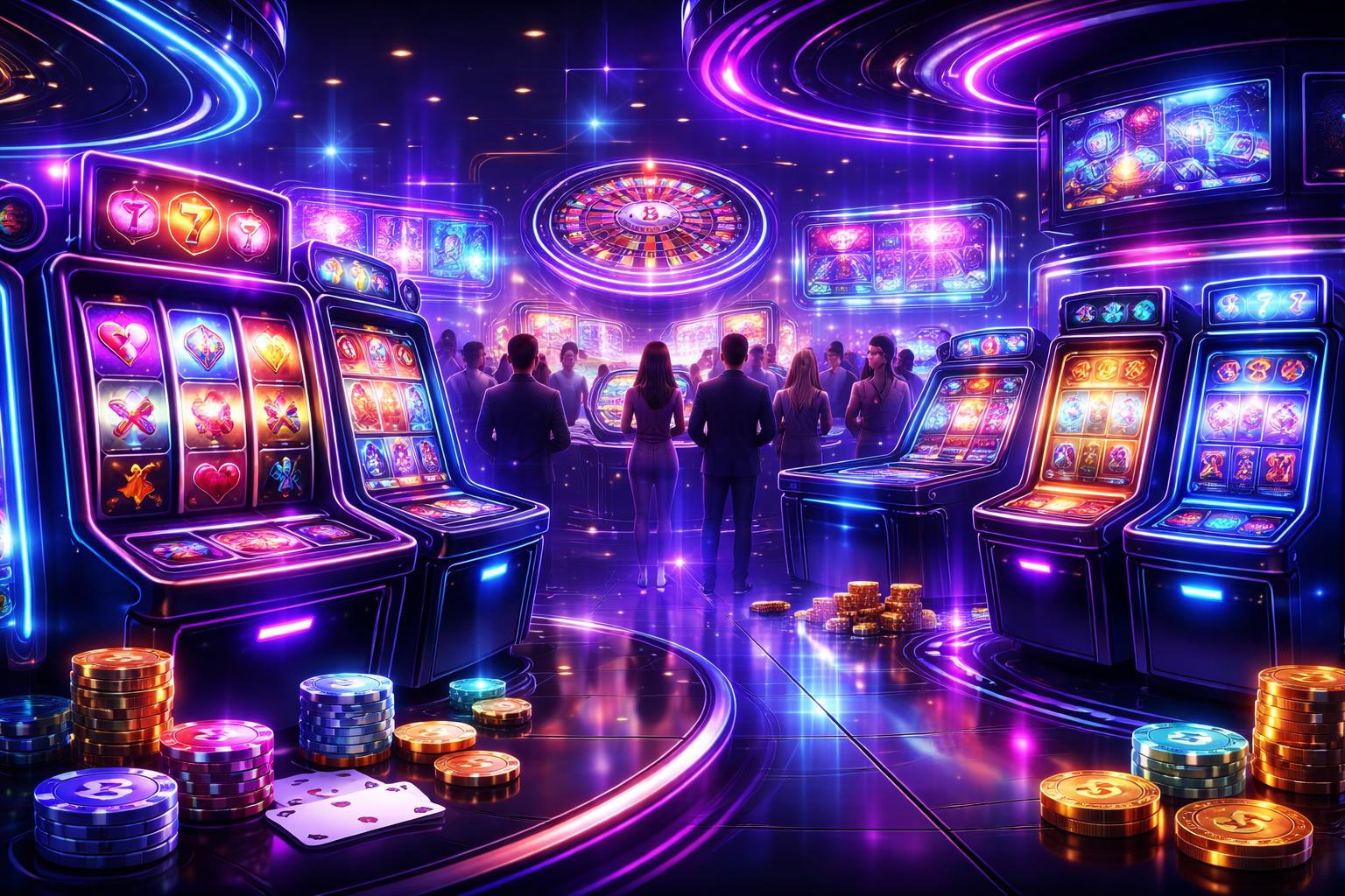Adegan kasino digital futuristik dengan mesin slot berwarna-warni dan avatar pemain yang sedang bermain dalam suasana ramai.