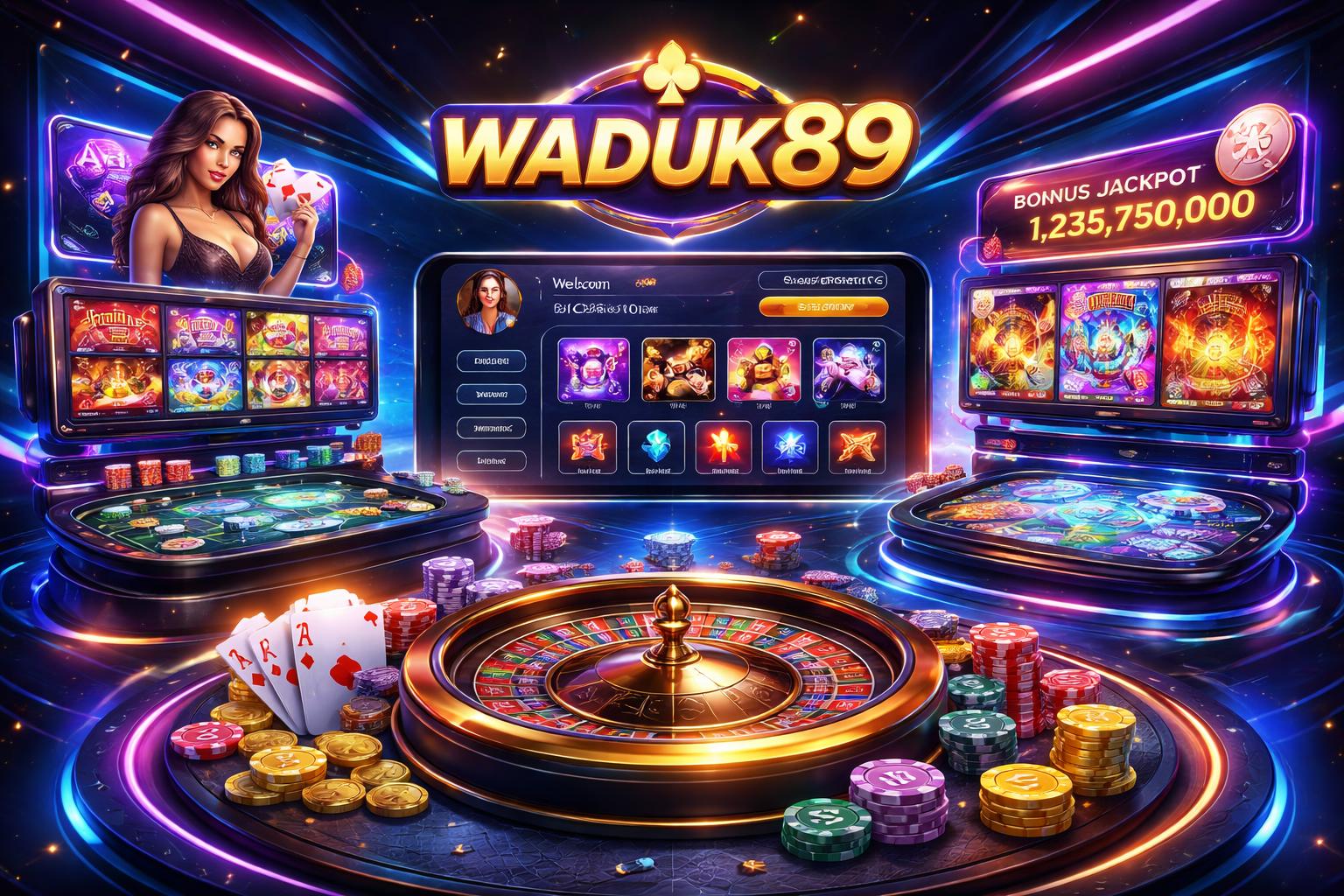 Tampilan 3D dari platform permainan judi online WADUK89 dengan mesin slot, meja poker, dan roda roulette dalam ruang virtual yang berwarna-warni dan futuristik.