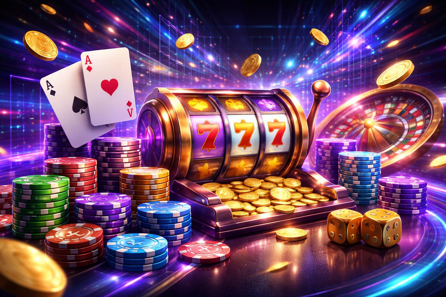 Suasana kasino digital dengan mesin slot, tumpukan chip poker, dan kartu bermain yang melayang di udara, menggambarkan permainan judi online populer di Indonesia.