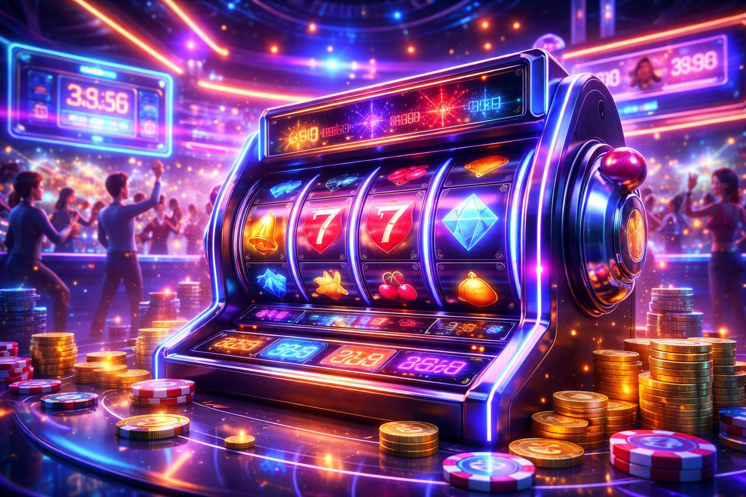 Pemandangan kasino virtual dengan mesin slot digital dan pemain yang sedang bermain dan merayakan kemenangan.