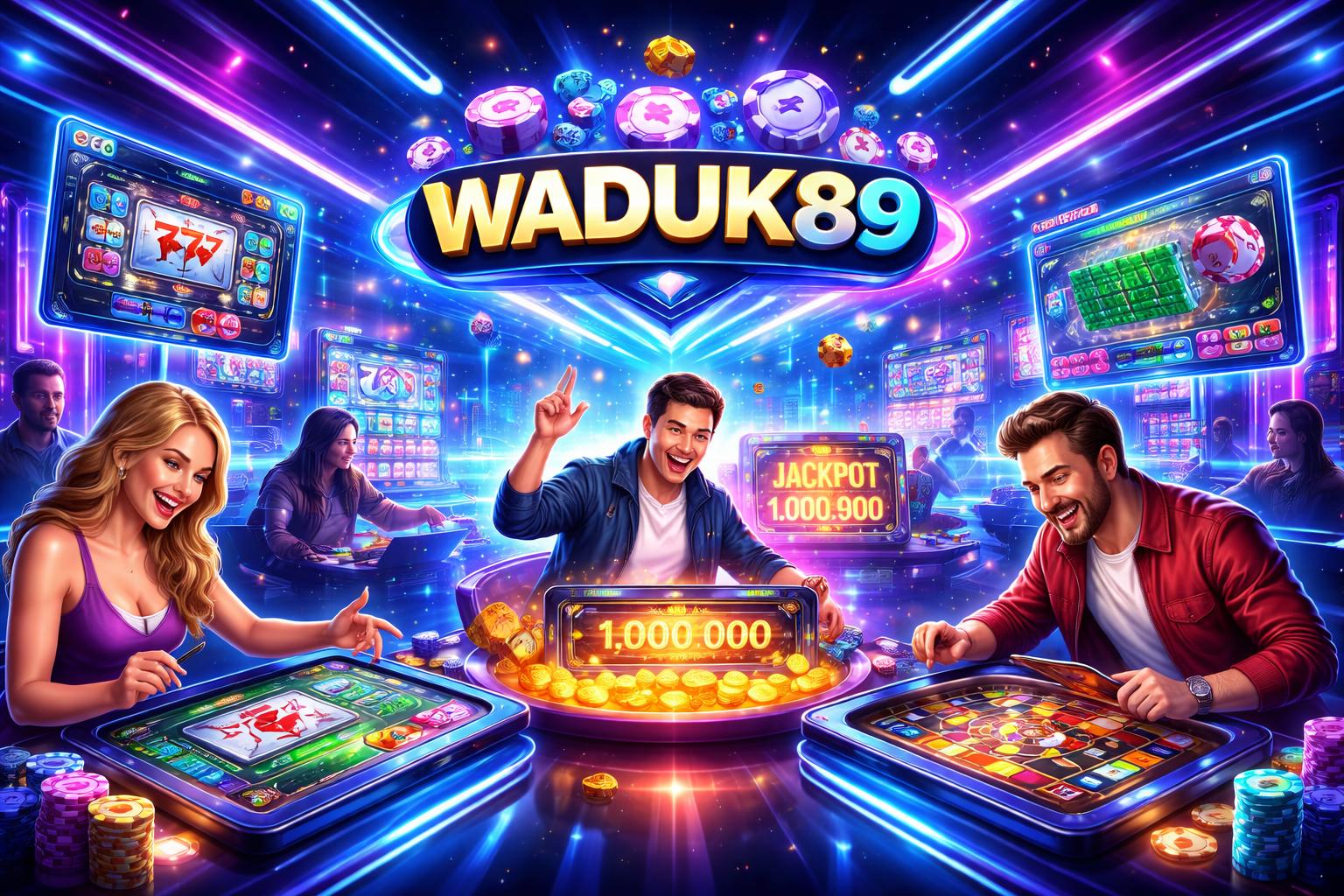 Pemandangan platform hiburan judi online dengan berbagai permainan digital dan avatar pemain yang sedang berinteraksi.