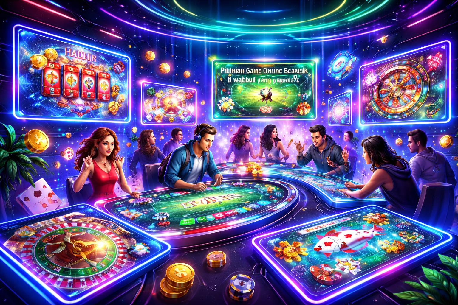Adegan 3D menunjukkan ruang kasino digital dengan berbagai permainan judi online dan avatar pemain yang sedang bermain dengan antusias.