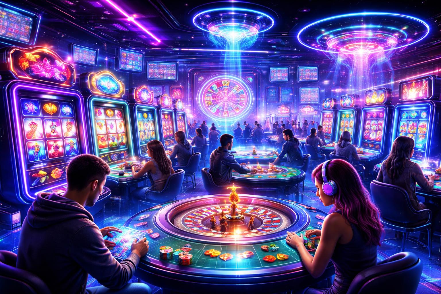 Sebuah ruang kasino digital futuristik dengan mesin slot holografik, meja roulette, dan pemain yang sedang bermain dalam suasana penuh cahaya neon.