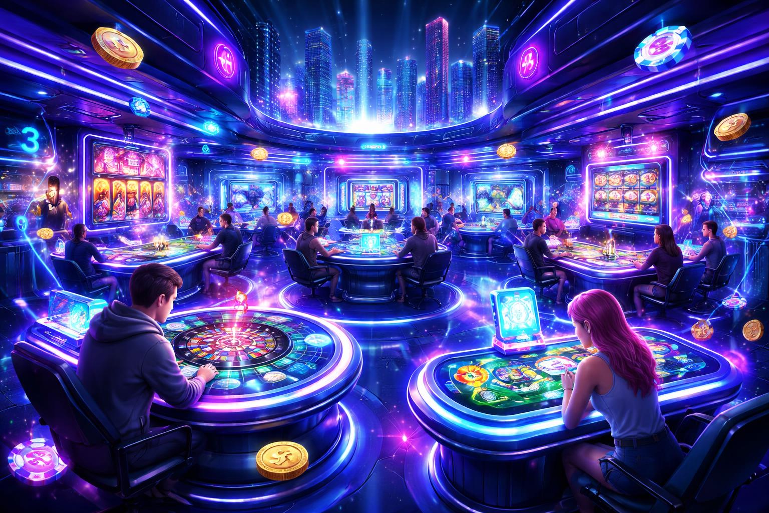 Suasana ruang permainan judi online dengan meja dan mesin slot digital yang ramai dan penuh cahaya neon.