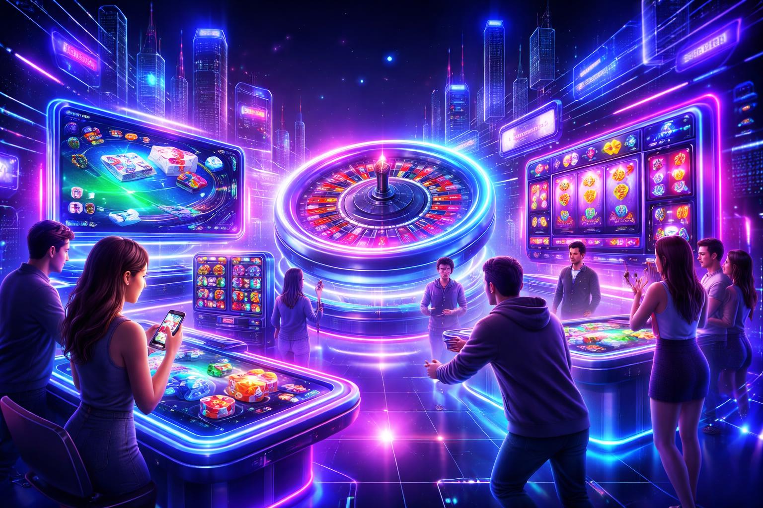 Pemandangan platform hiburan digital dengan permainan judi online dan avatar pemain yang sedang berinteraksi di lingkungan virtual futuristik.
