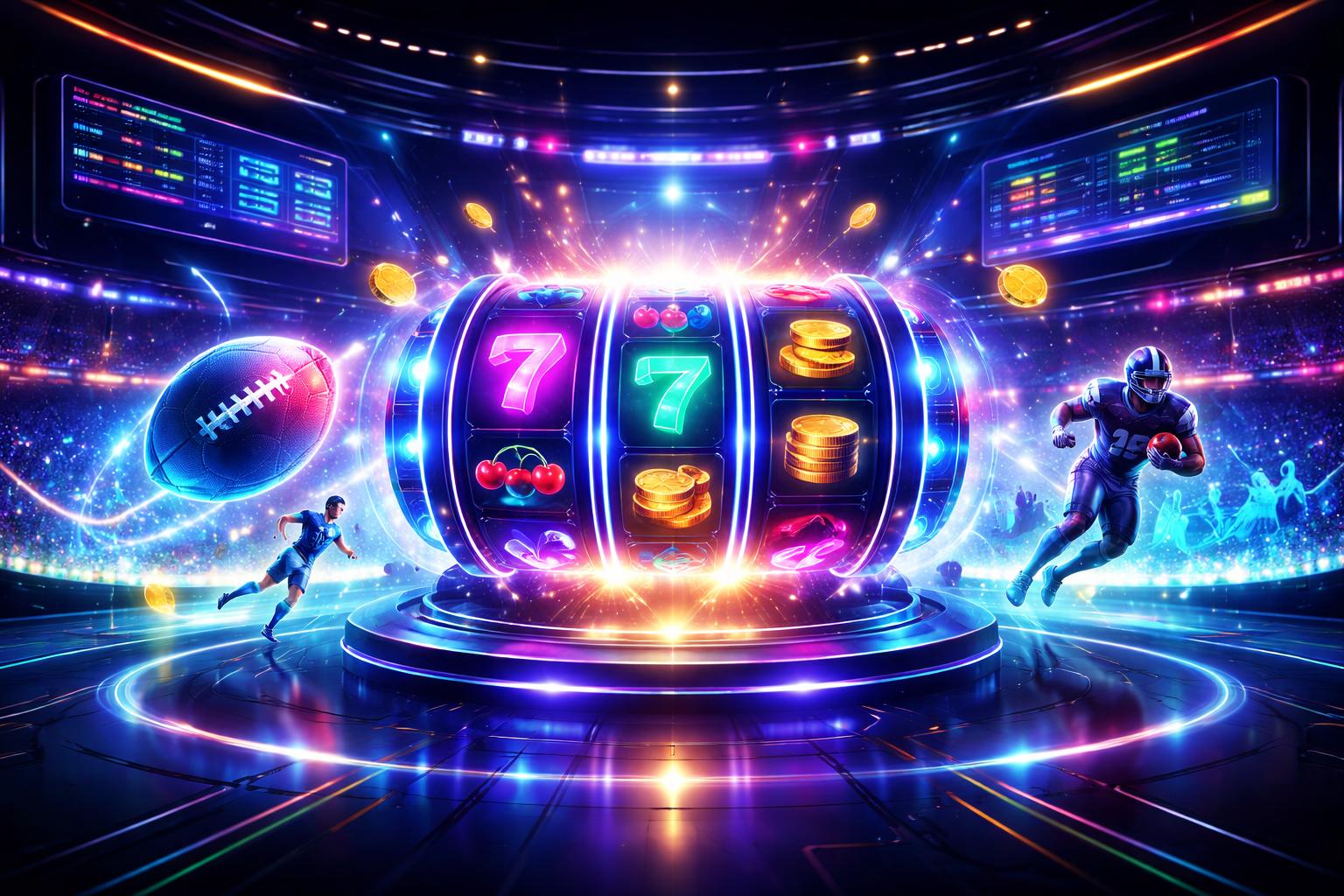 Tampilan antarmuka permainan online dengan mesin slot dan elemen taruhan olahraga di lingkungan kasino virtual futuristik.