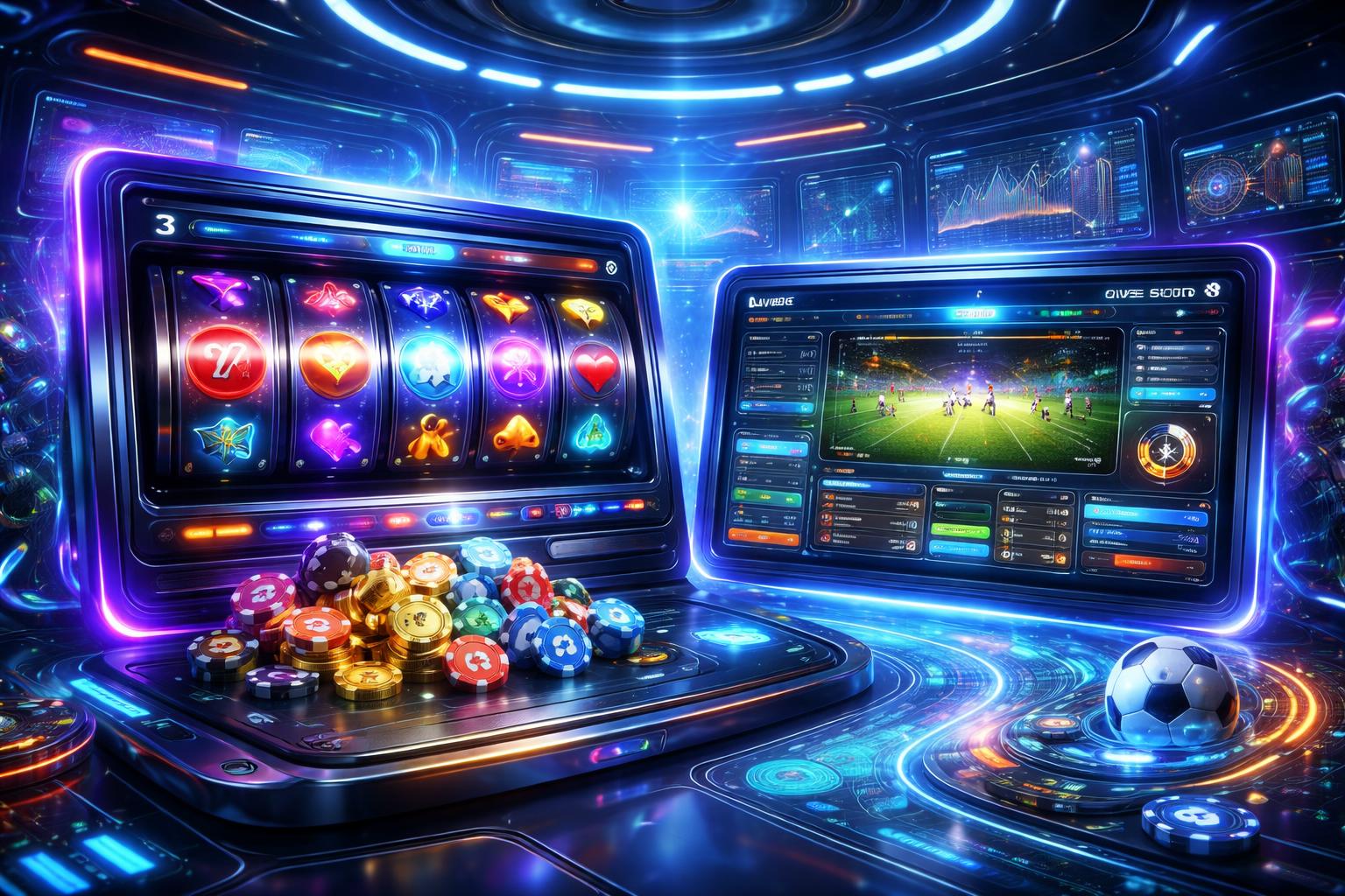 Tampilan antarmuka judi online futuristik dengan mesin slot dan taruhan bola di ruangan kontrol berteknologi tinggi.