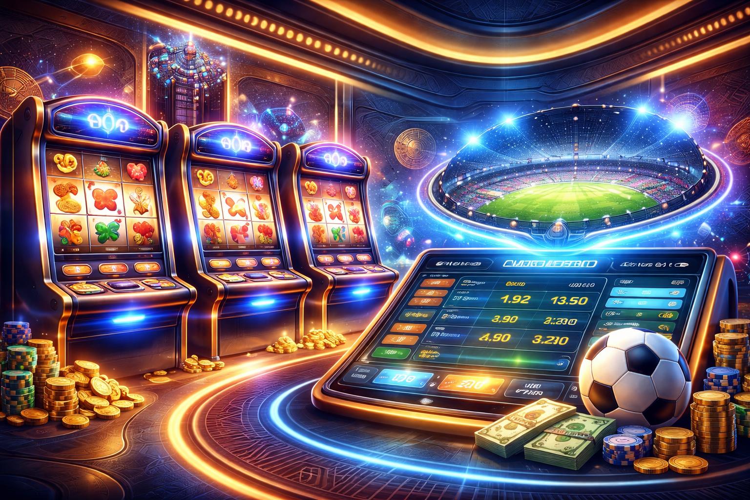 Adegan 3D yang menampilkan mesin slot digital dan stadion sepak bola holografik dalam suasana kasino futuristik di Indonesia.