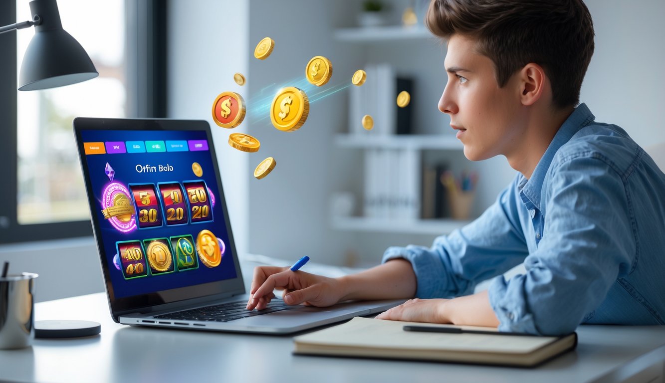 Seseorang muda duduk di meja dengan laptop yang menampilkan permainan slot online, terlihat fokus belajar di ruang kerja rumah yang terang.