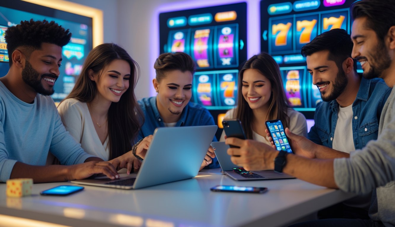 Beberapa orang muda sedang bermain permainan slot online menggunakan laptop dan ponsel di sebuah ruangan yang nyaman.