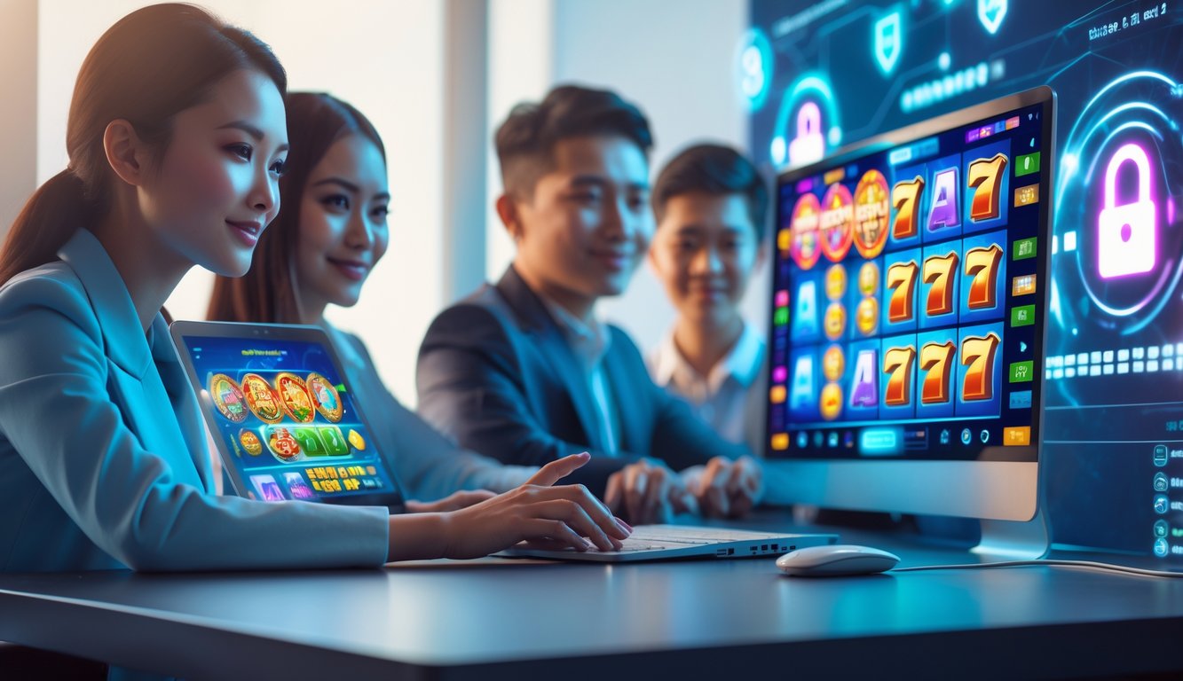 Orang-orang Indonesia menggunakan perangkat digital untuk bermain slot online dengan latar belakang simbol keamanan dan kepercayaan.