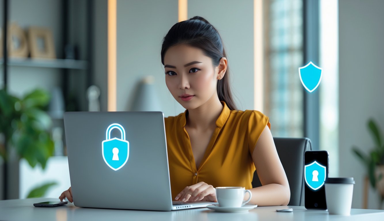 Seorang wanita muda duduk di meja kerja menggunakan laptop dengan ekspresi fokus di ruang kerja modern yang terang dan rapi.
