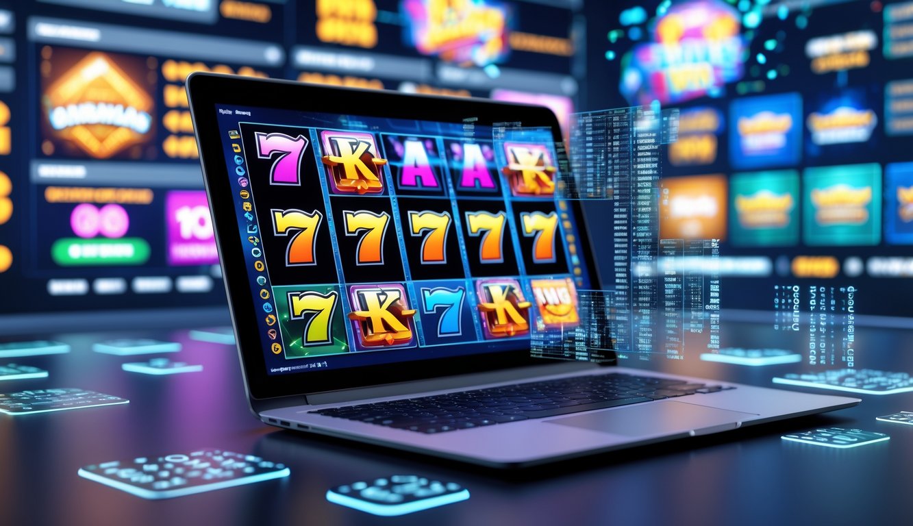 Sebuah laptop di meja kerja menampilkan permainan slot online dengan simbol berwarna-warni dan elemen digital mengambang yang menggambarkan sistem RNG.