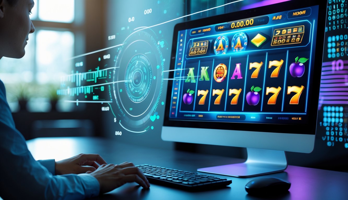 Seorang pengguna berinteraksi dengan komputer yang menampilkan permainan slot online dengan simbol berwarna cerah dan elemen digital abstrak yang menggambarkan sistem RNG.