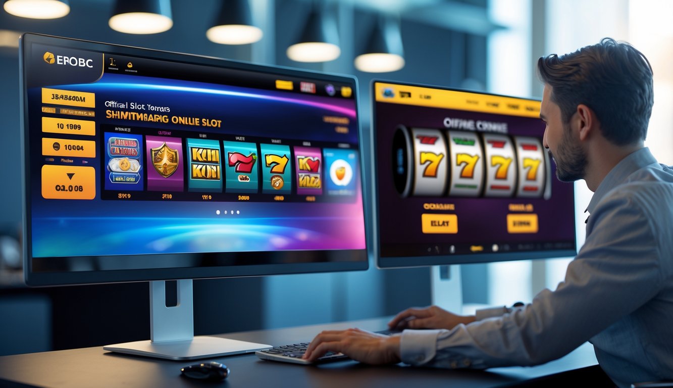 Meja komputer dengan dua monitor yang menampilkan permainan slot online resmi dan tidak resmi, dengan tangan seseorang yang menggunakan monitor sebelah kiri.